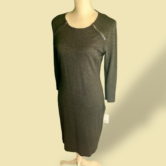 NWT Calvin Klein Gray Sweater Knit Midi Dress With Silver Zipper Details Size M - Picture 8 of 12